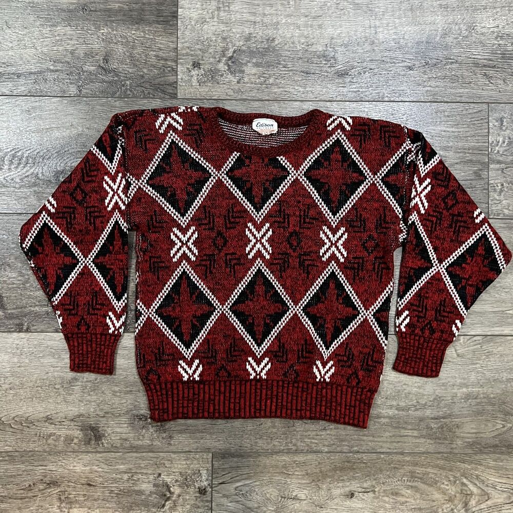 Vintage Edison Knitwear Red Black White Patterned Knit Sweater Made in USA Small